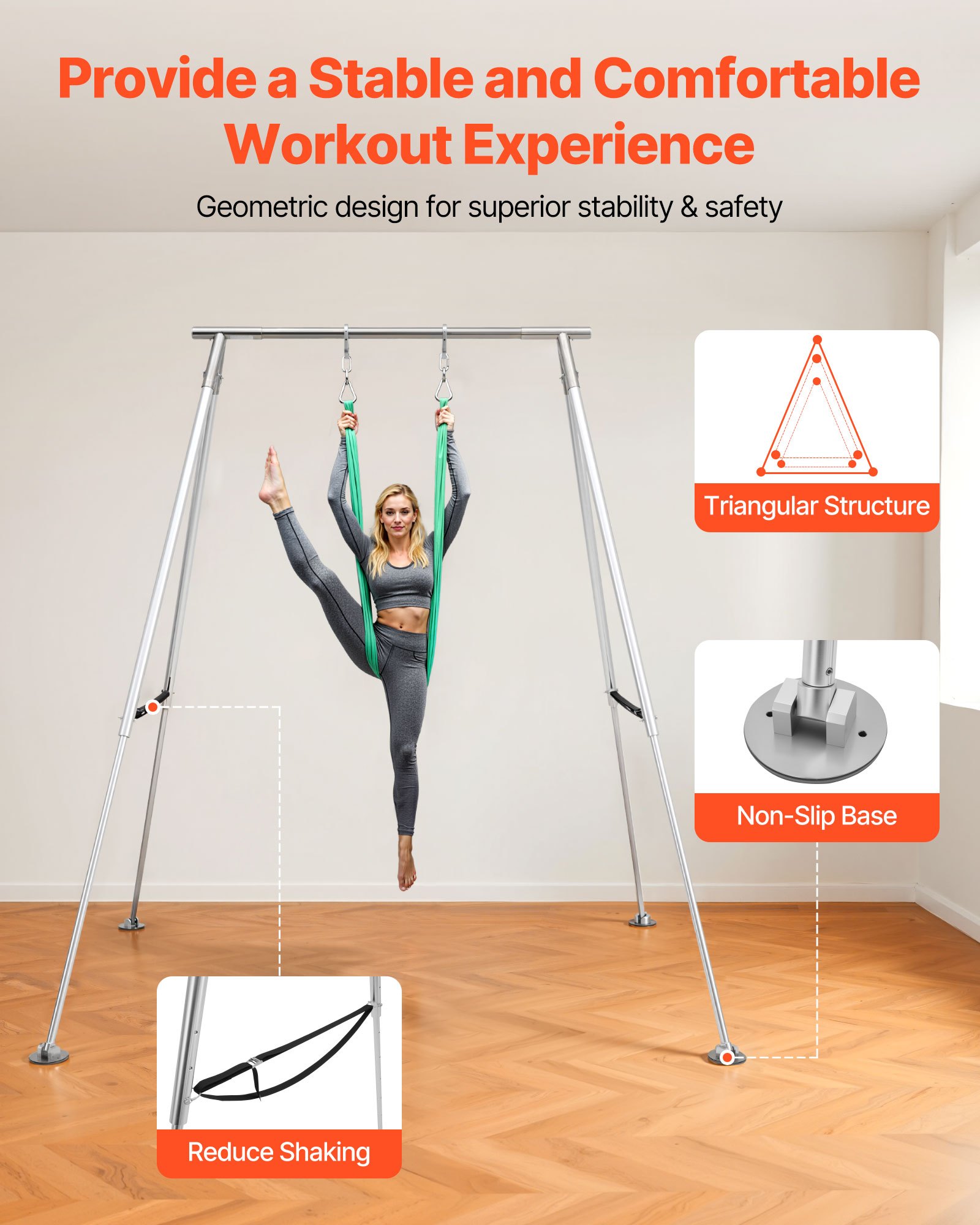 VEVOR Yoga Stand Frame, Max 140.6 kg Load Swing Stand, Triangular Structure Pull Up Stands, Aerial Silk Stands with Height Adjustable & Aluminum Frame Legs, Stainless Steel Top Bar