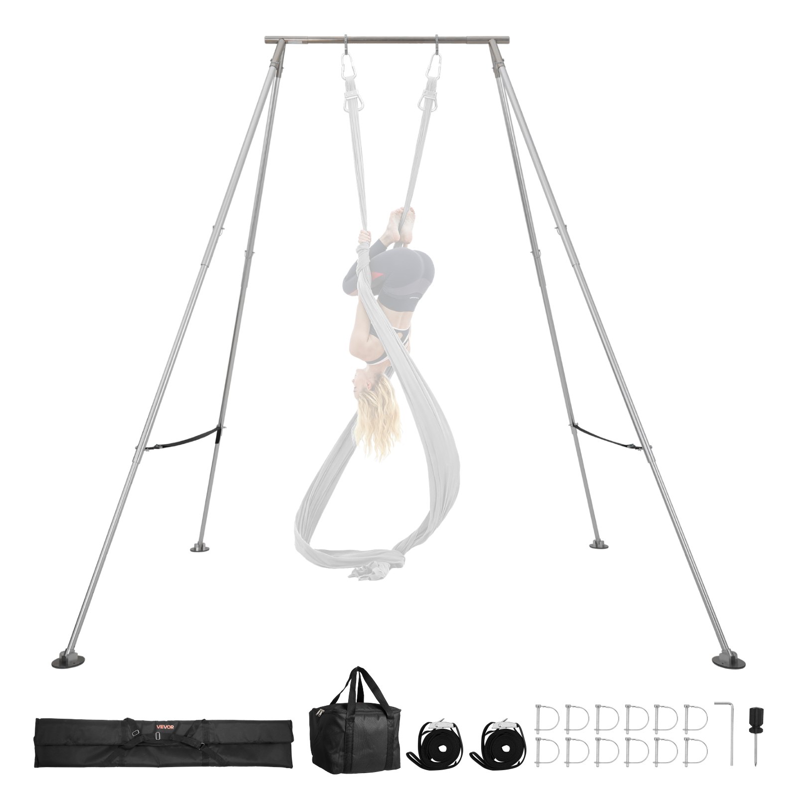 VEVOR Yoga Stand Frame, Max 140.6 kg Load Swing Stand, Triangular Structure Pull Up Stands, Aerial Silk Stands with Height Adjustable & Aluminum Frame Legs, Stainless Steel Top Bar
