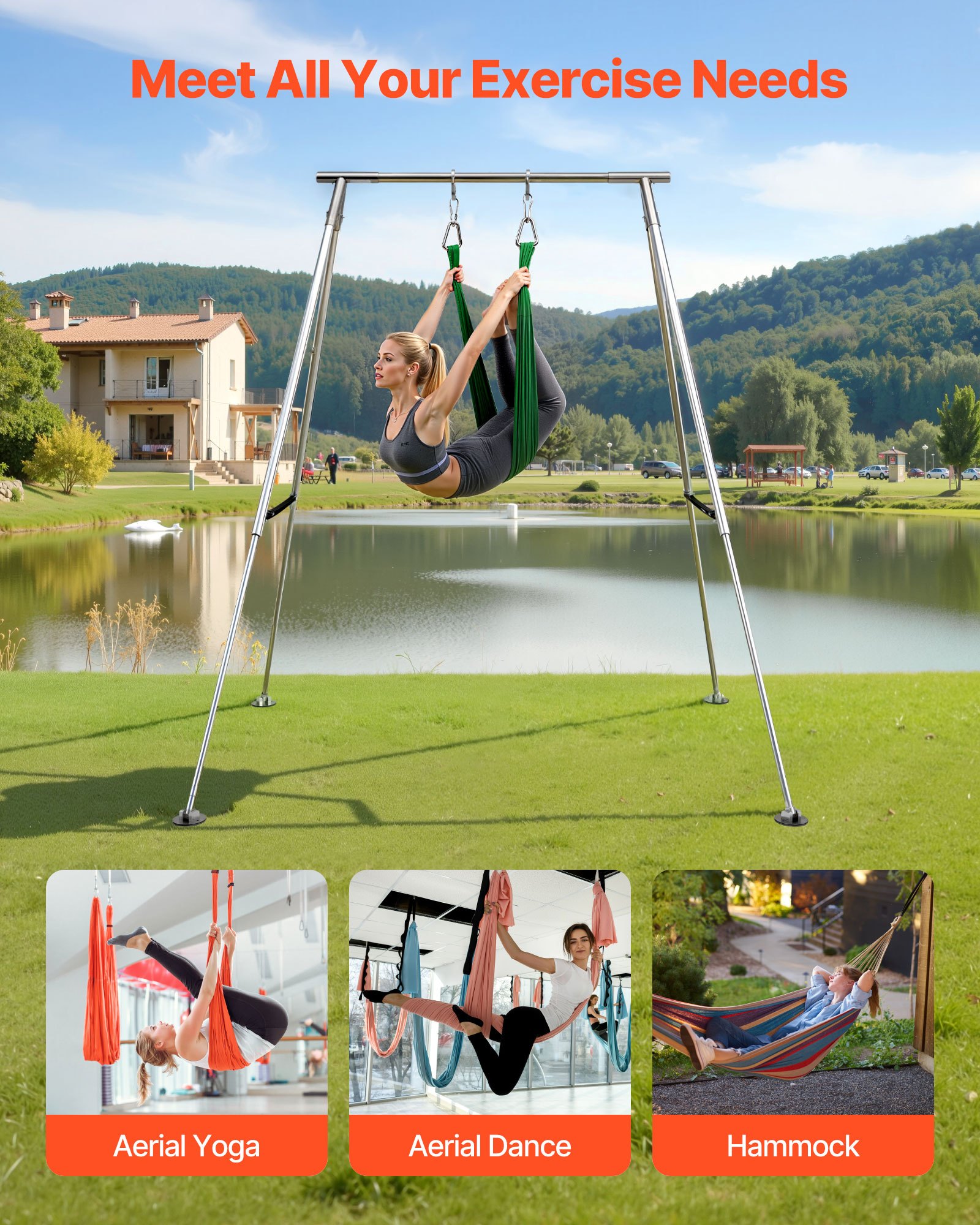 VEVOR Yoga Stand Frame, Max 310 lbs Load Swing Stand, Triangular Structure Pull Up Stands, Aerial Silk Stands with Height Adjustable & Aluminum Frame Legs, Stainless Steel Top Bar