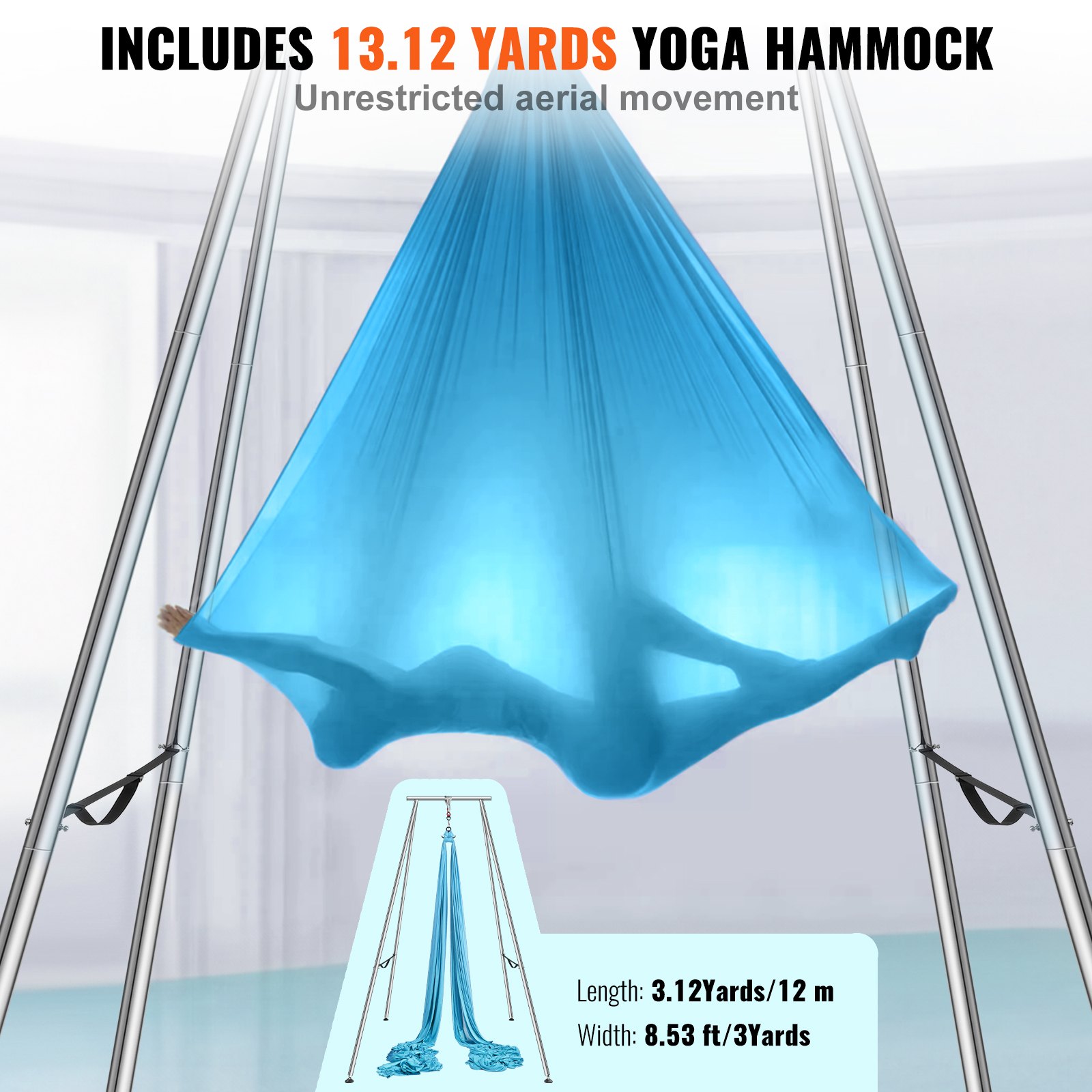 VEVOR Aerial Yoga Frame & Yoga Hammock, 2950 mm Height Professional Yoga Swing Stand Comes with 12 m Length Aerial Hammock, Max 250 kg Load Capacity, Yoga Rig for Indoor Outdoor Aerial Yoga, Blue