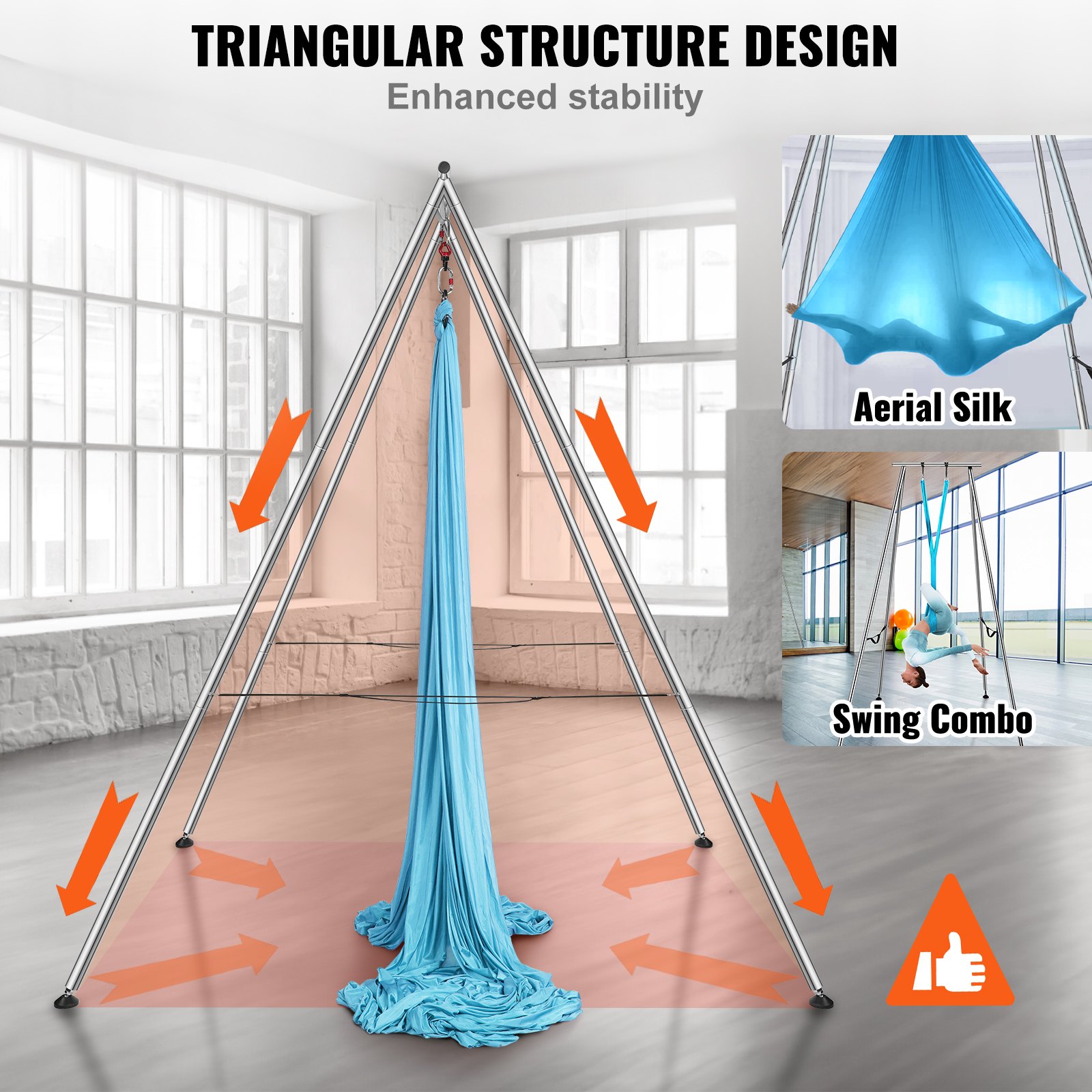 VEVOR Aerial Yoga Frame & Yoga Hammock, 2950 mm Height Professional Yoga Swing Stand Comes with 12 m Length Aerial Hammock, Max 250 kg Load Capacity, Yoga Rig for Indoor Outdoor Aerial Yoga, Blue