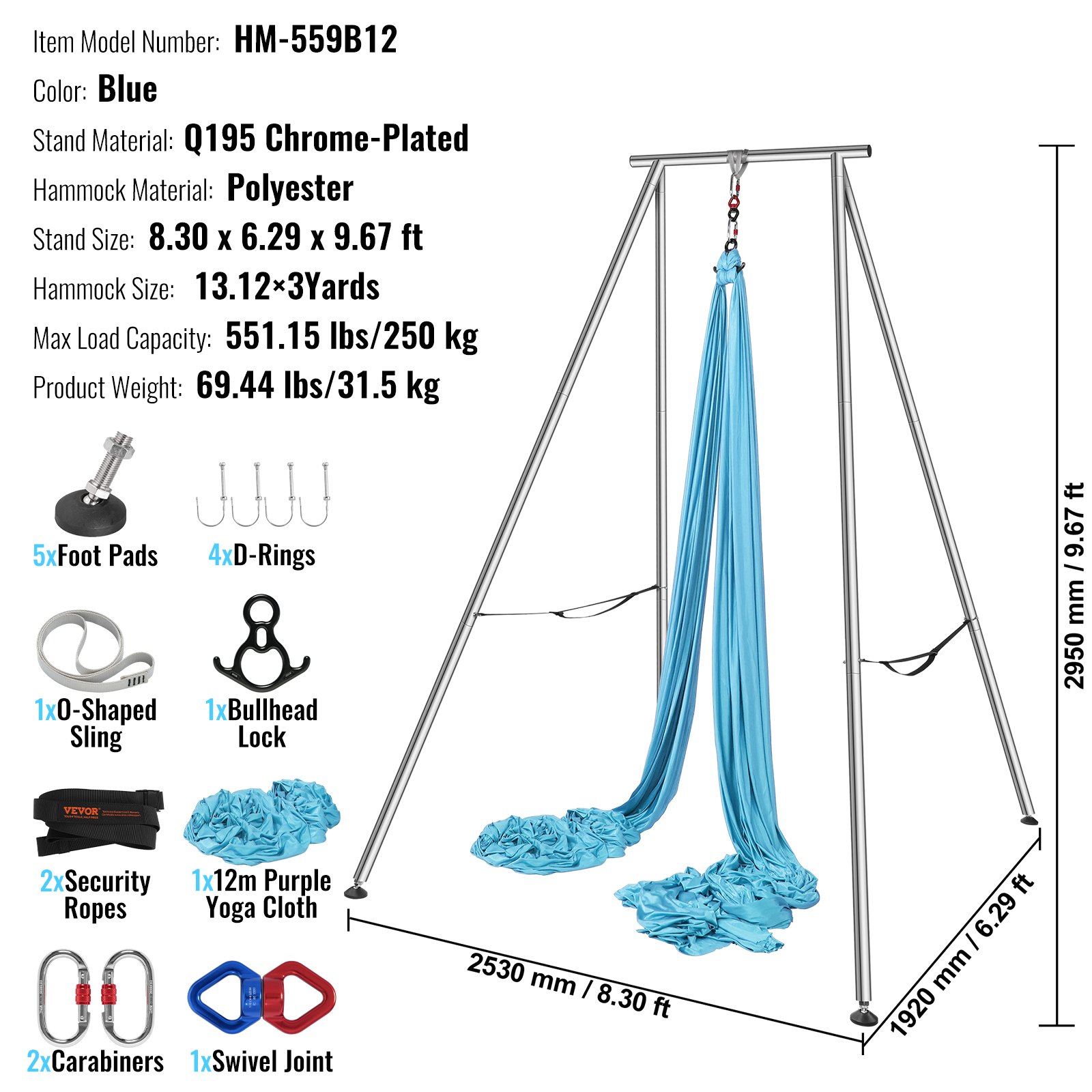 VEVOR Aerial Yoga Frame & Yoga Hammock, 2950 mm Height Professional Yoga Swing Stand Comes with 12 m Length Aerial Hammock, Max 250 kg Load Capacity, Yoga Rig for Indoor Outdoor Aerial Yoga, Blue