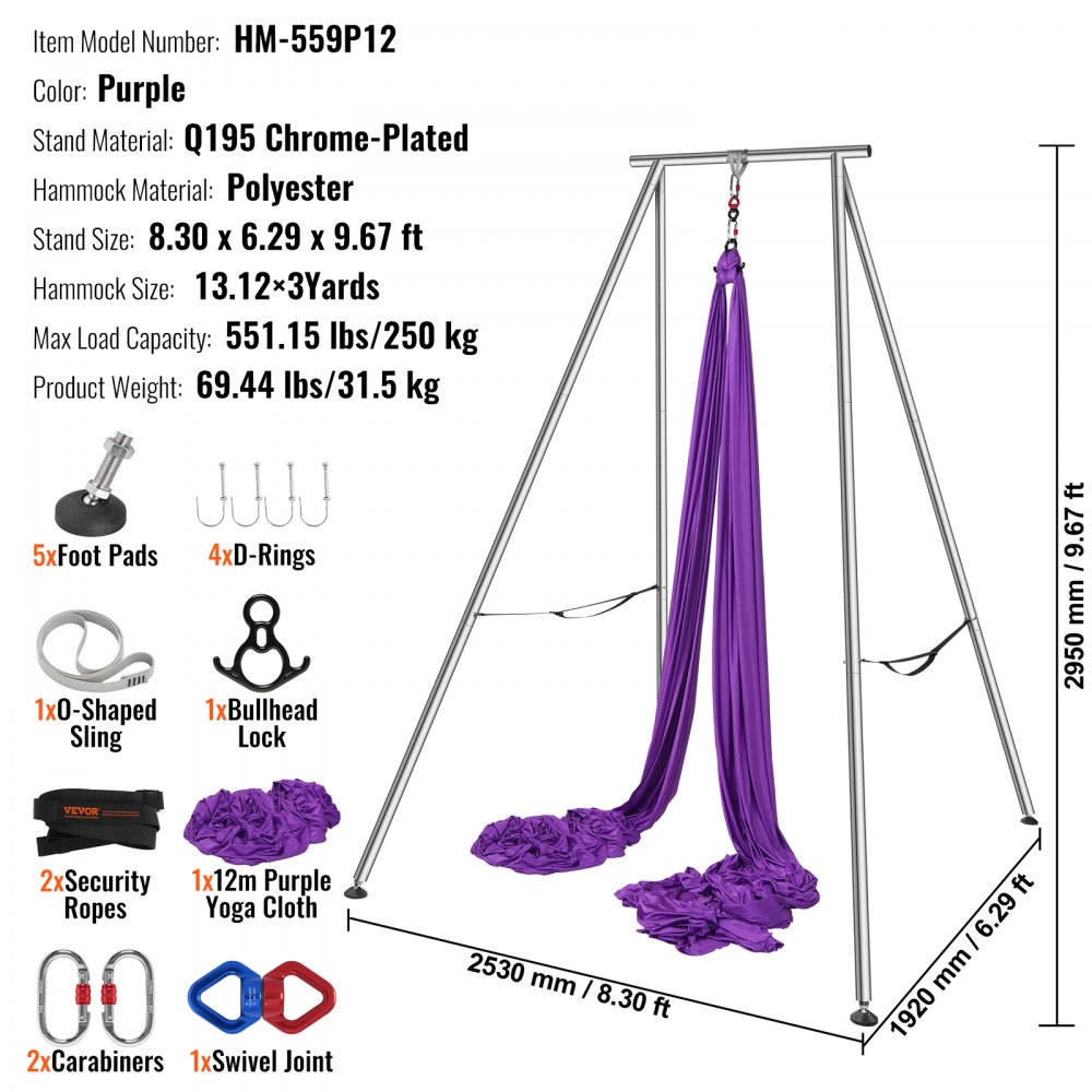 VEVOR Aerial Yoga Frame & Yoga Hammock, 2950 mm Height Professional Yoga Swing Stand Comes with 12 m Length Aerial Hammock, Max 250 kg Load Capacity Yoga Rig for Indoor Outdoor Aerial Yoga, Purple