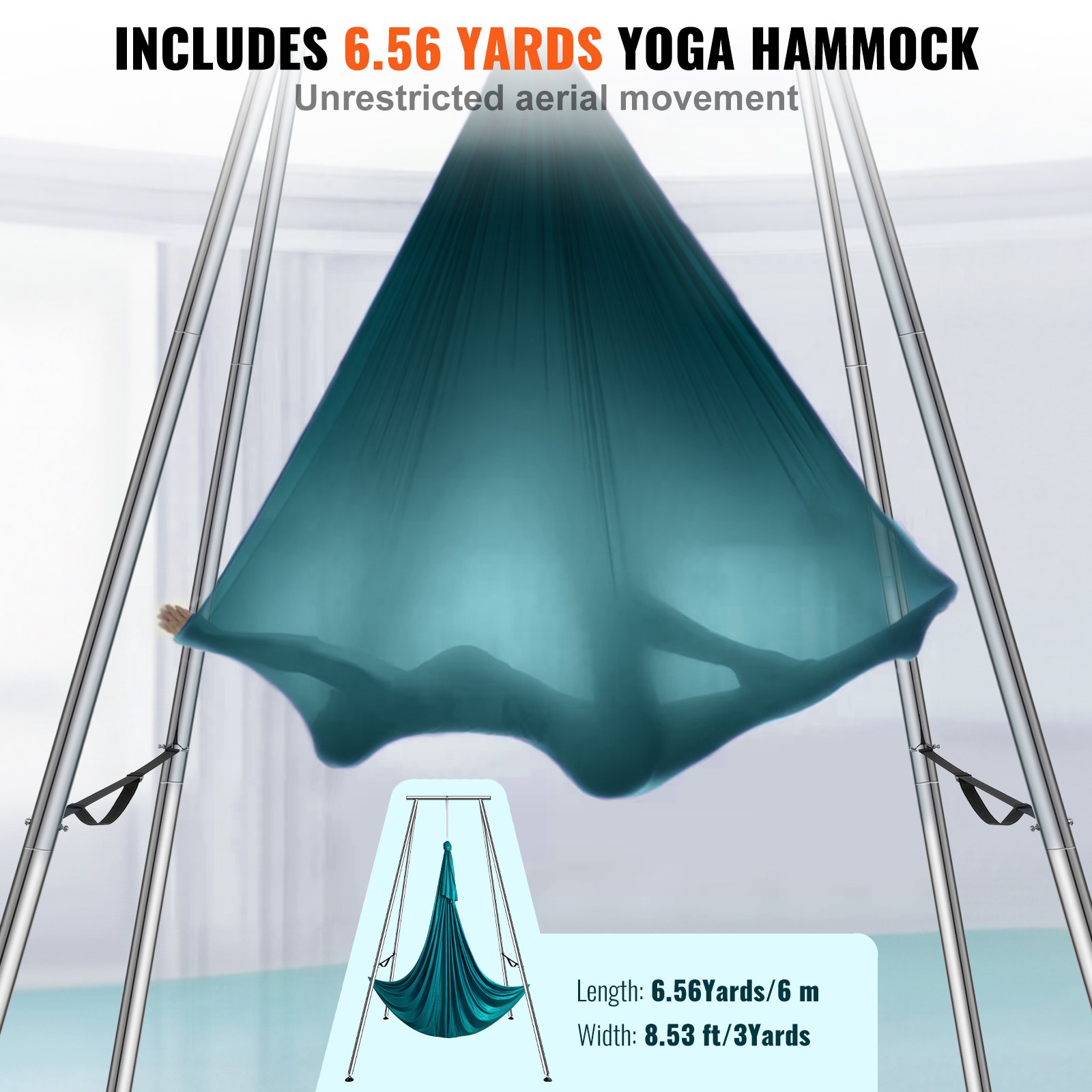 VEVOR Aerial Yoga Frame & Yoga Hammock, 2950 mm Height Professional Yoga Swing Stand Comes with 6 m Length Aerial Hammock, Max 250 kg Load Capacity, Yoga Rig for Indoor Outdoor Aerial Yoga, Green
