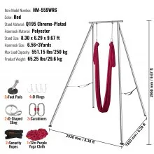 VEVOR Aerial Yoga Frame & Yoga Hammock, 9.67 ft Height Professional Yoga Swing Stand Comes with 6.6 Yards Aerial Hammock, Max 551.15 lbs Load Capacity, Yoga Rig for Indoor Outdoor Aerial Yoga, Red