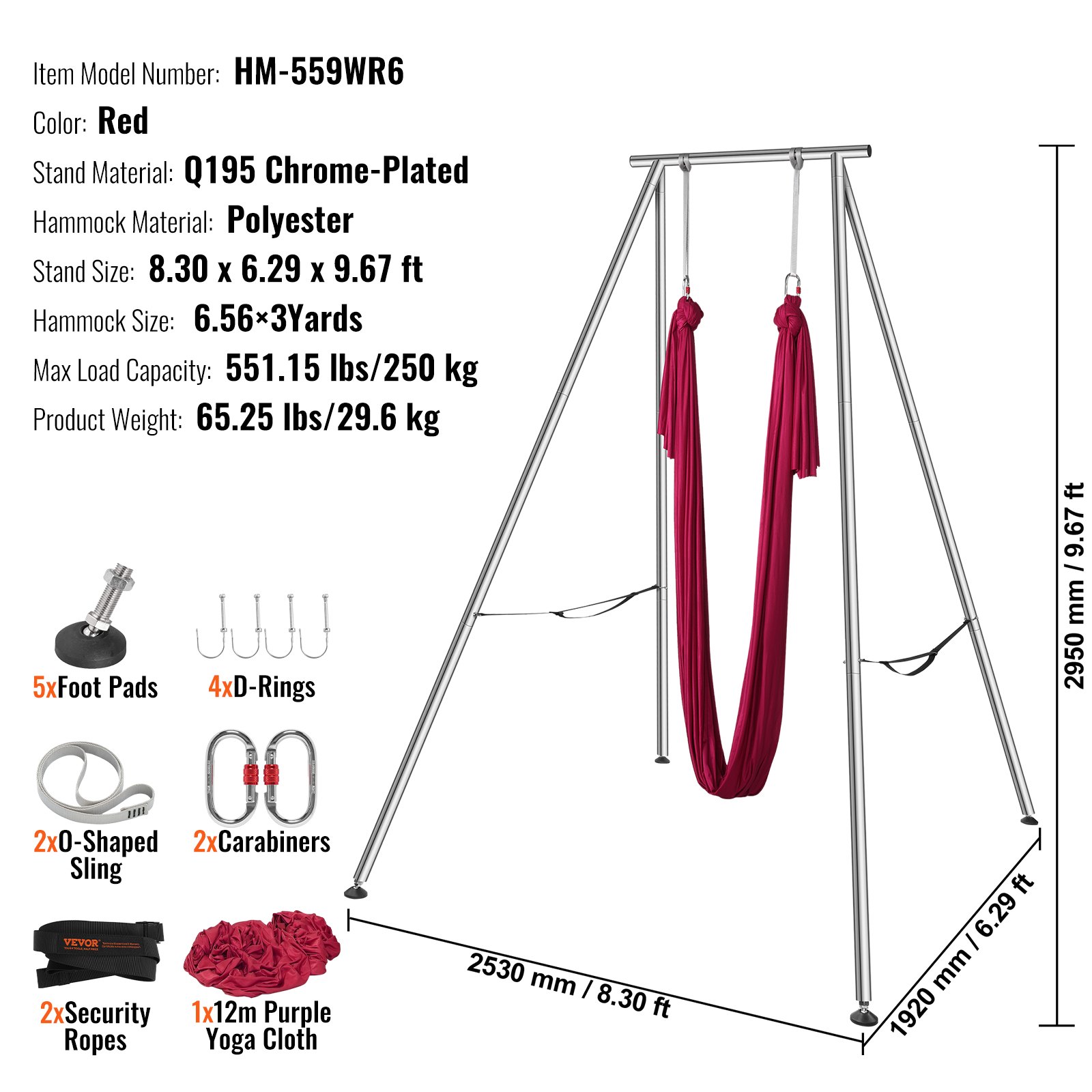 VEVOR Aerial Yoga Frame & Yoga Hammock, 2950 mm Height Professional Yoga Swing Stand Comes with 6 m Length Aerial Yoga Hammock, Max 250 kg Load Capacity, Yoga Rig for Indoor Outdoor Aerial Yoga, Red