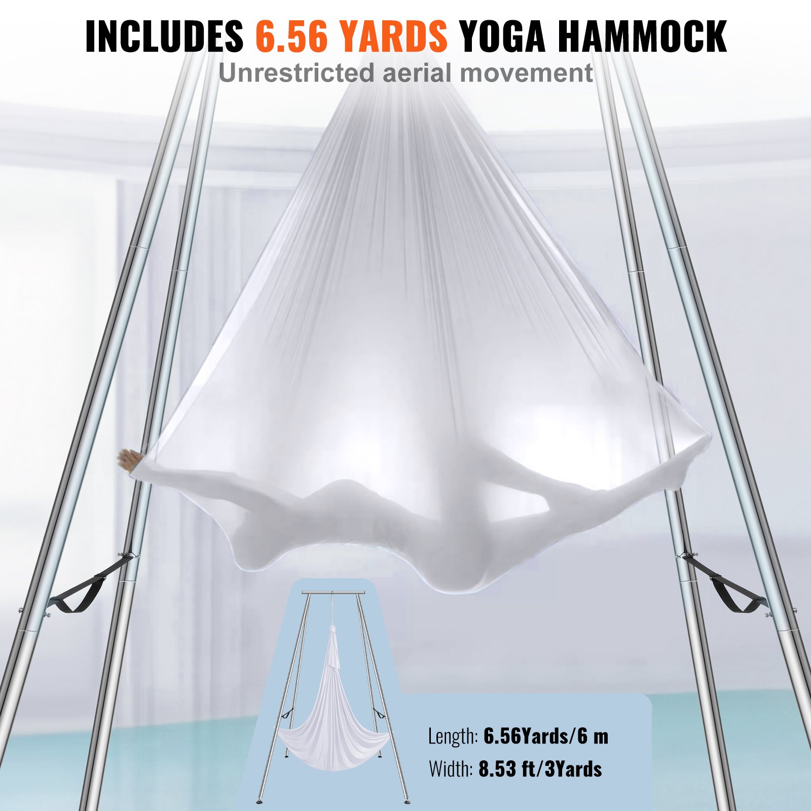 VEVOR Aerial Yoga Frame & Yoga Hammock, 2950 mm Height Professional Yoga Swing Stand Comes with 6 m Length Aerial Hammock, Max 250 kg Load Capacity, Yoga Rig for Indoor Outdoor Aerial Yoga, White
