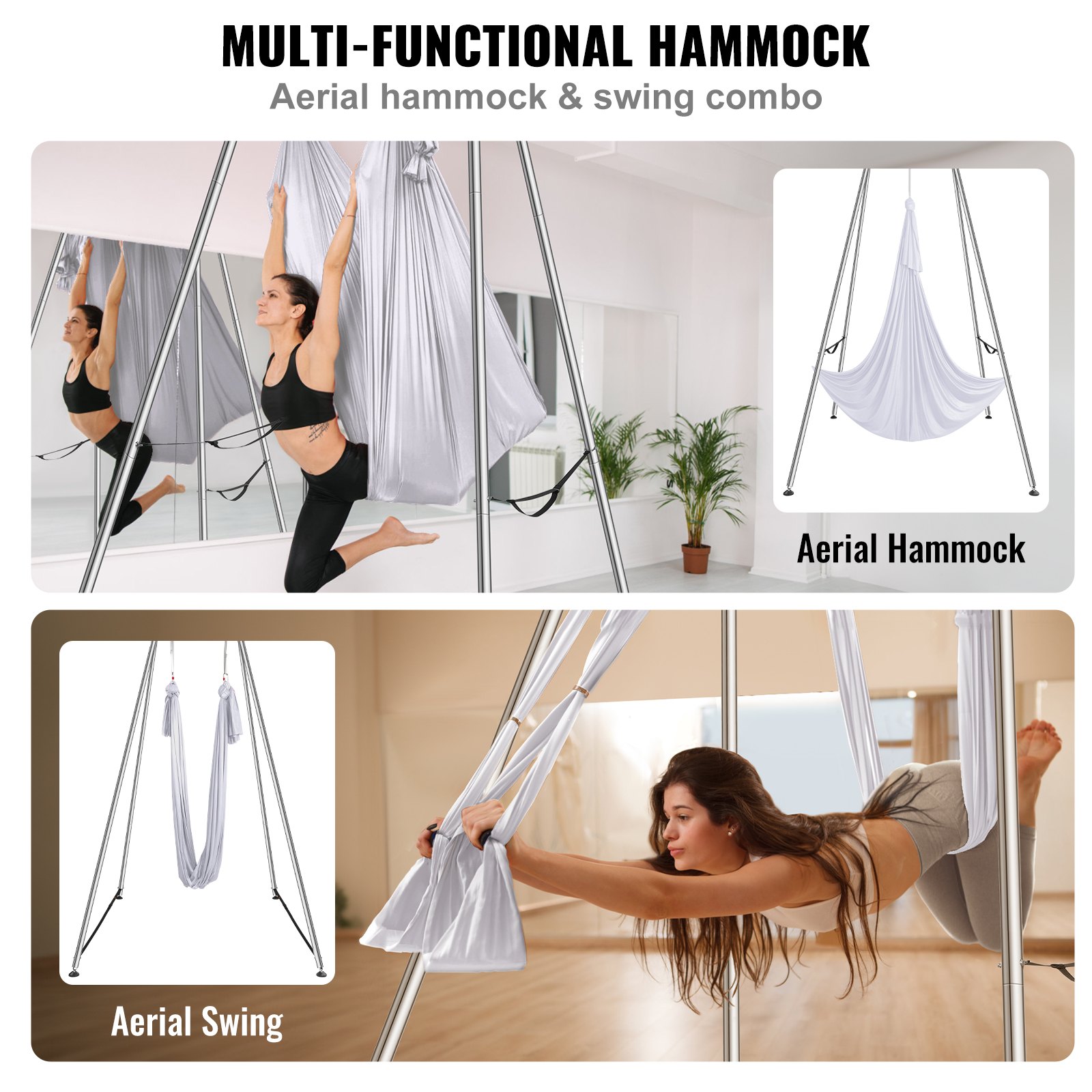 VEVOR Aerial Yoga Frame & Yoga Hammock, 2950 mm Height Professional Yoga Swing Stand Comes with 6 m Length Aerial Hammock, Max 250 kg Load Capacity, Yoga Rig for Indoor Outdoor Aerial Yoga, White