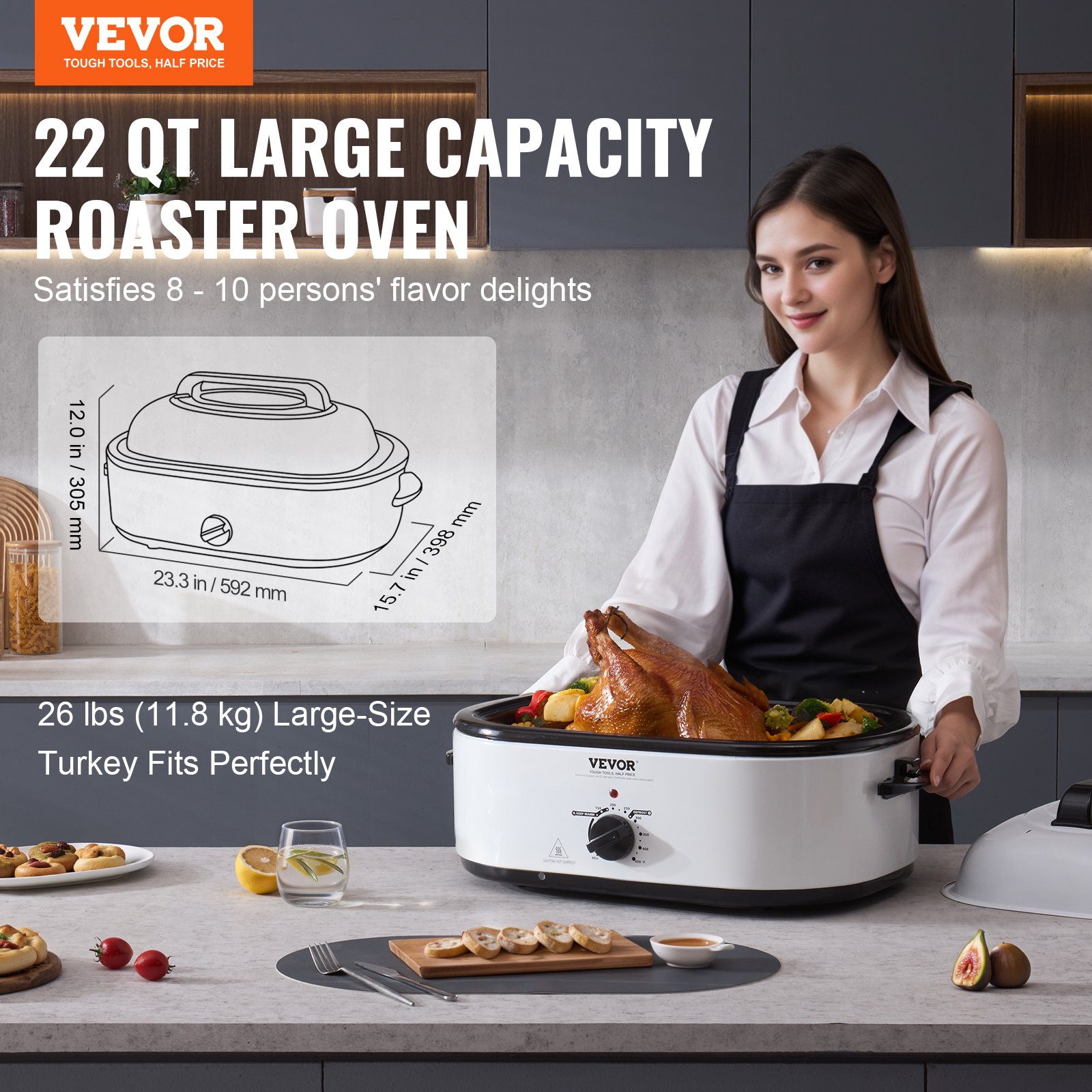 Electric Roaster Oven, 22 QT Turkey Roaster Oven with Self-Basting Lid, 1450W Roaster Oven with Defrost & Warm Function, Adjustable Temp, Removable Pan & Rack, Fits Turkeys Up to 26LBS, White Electric Roaster Oven, 22 QT Turkey Roaster Oven with Self-Basting Lid, 1450W Roaster Oven with Defrost & Warm Function, Adjustable Temp, Removable Pan & Rack, Fits Turkeys Up to 26LBS, White