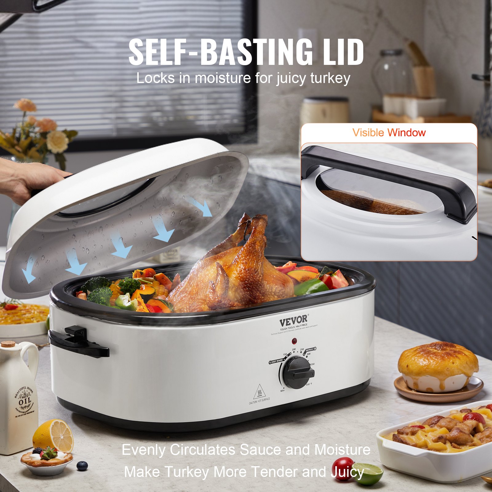 Electric Roaster Oven, 22 QT Turkey Roaster Oven with Self-Basting Lid, 1450W Roaster Oven with Defrost & Warm Function, Adjustable Temp, Removable Pan & Rack, Fits Turkeys Up to 26LBS, White Electric Roaster Oven, 22 QT Turkey Roaster Oven with Self-Basting Lid, 1450W Roaster Oven with Defrost & Warm Function, Adjustable Temp, Removable Pan & Rack, Fits Turkeys Up to 26LBS, White