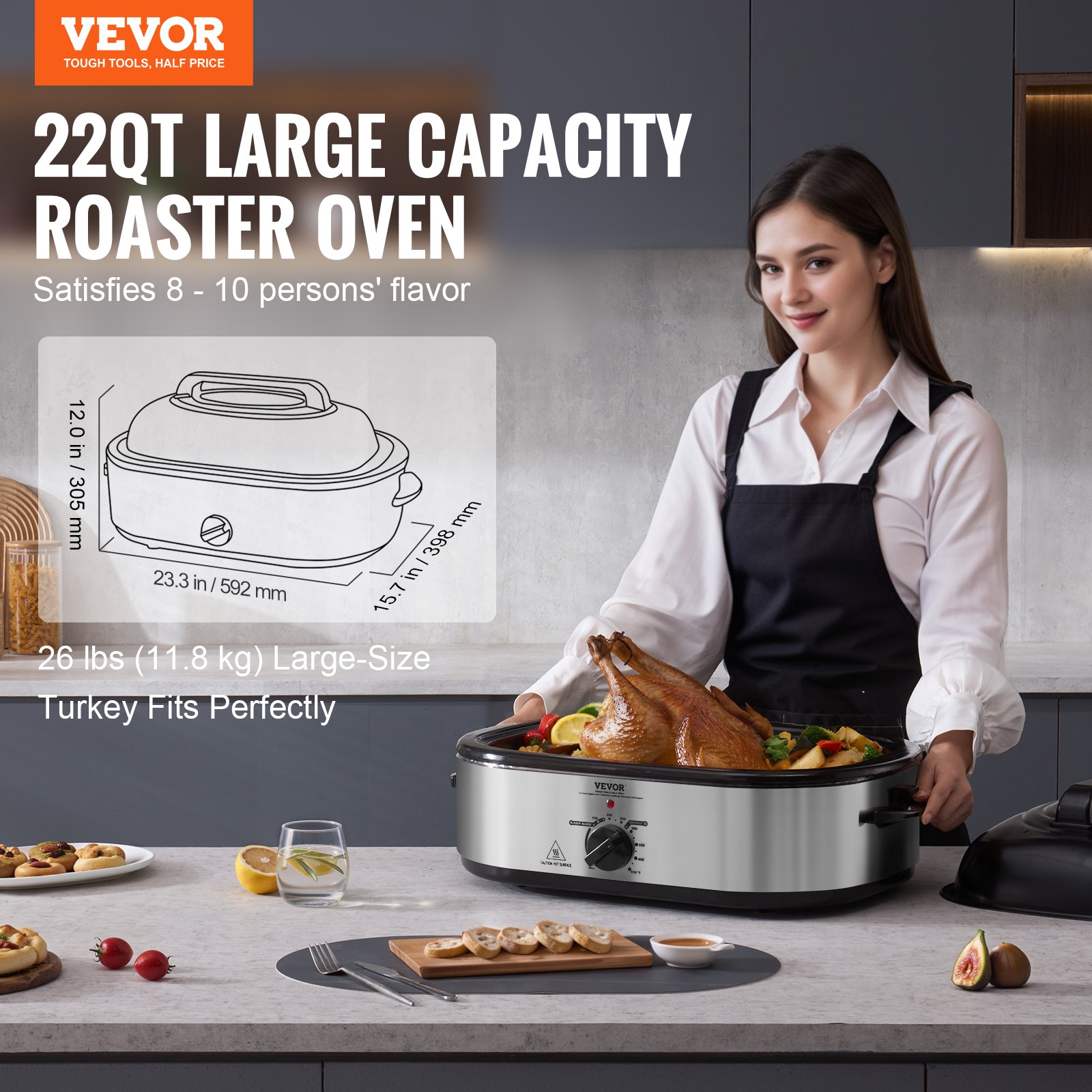 Electric Roaster Oven, 22 QT Turkey Roaster Oven with Self-Basting Lid, 1450W Roaster Oven with Defrost & Warm Function, Adjustable Temp, Removable Pan & Rack, Fits Turkeys Up to 26LBS, Silver Electric Roaster Oven, 22 QT Turkey Roaster Oven with Self-Basting Lid, 1450W Roaster Oven with Defrost & Warm Function, Adjustable Temp, Removable Pan & Rack, Fits Turkeys Up to 26LBS, Silver