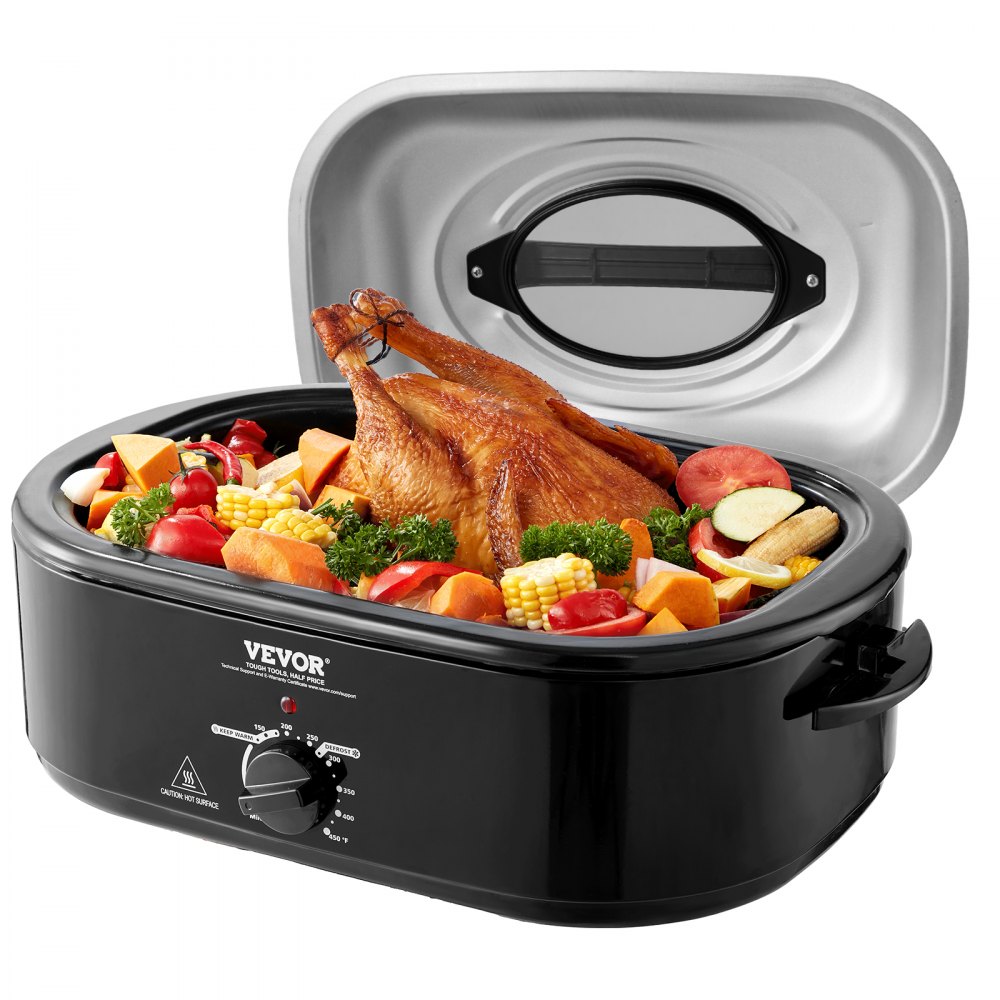 VEVOR electric roaster oven with roasted turkey, vegetables, and corn inside, black finish, lid open.