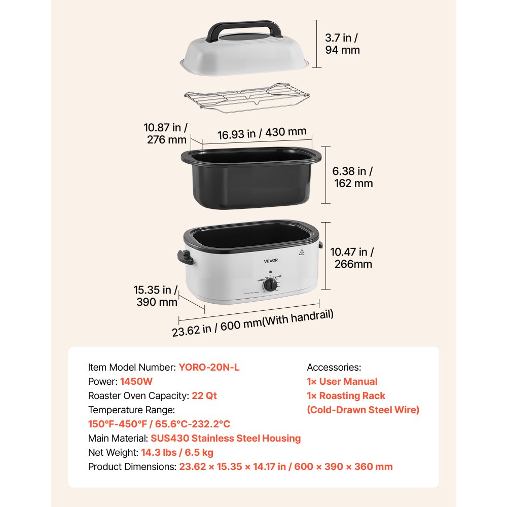 VEVOR Electric Roaster Oven, 22 Qt, Turkey Roasting Pan, White, 1450W Power, Viewing Self-Basting Lid, 150-450°F Heat Control, Countertop Turkey Cooker with Defrost/Warm, Removable Pan and Rack
