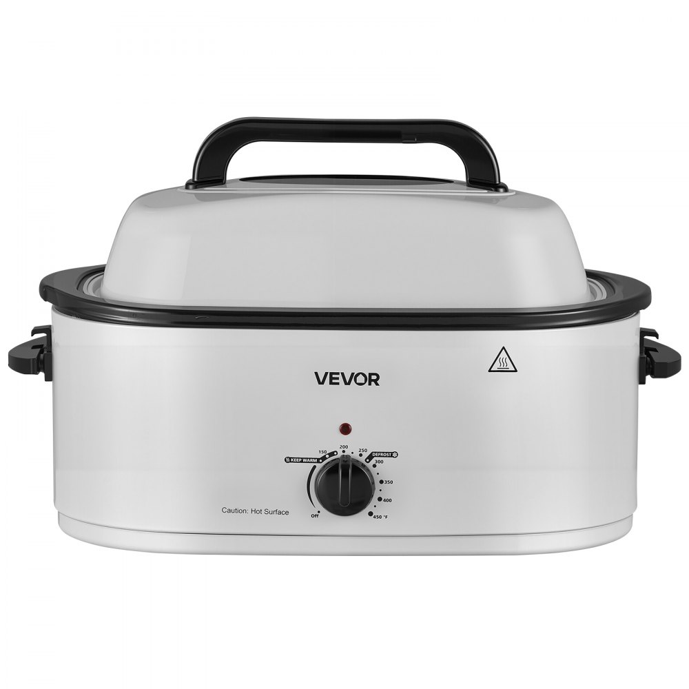 VEVOR Electric Roaster Oven, 22 Qt, Turkey Roasting Pan, White, 1450W Power, Viewing Self-Basting Lid, 150-450°F Heat Control, Countertop Turkey Cooker with Defrost/Warm, Removable Pan and Rack