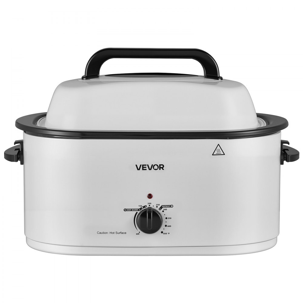VEVOR Electric Roaster Oven, 26 Qt, Turkey Roasting Pan, White, 1450W Power, Viewing Self-Basting Lid, 150-450°F Heat Control, Countertop Turkey Cooker with Defrost/Warm, Removable Pan and Rack