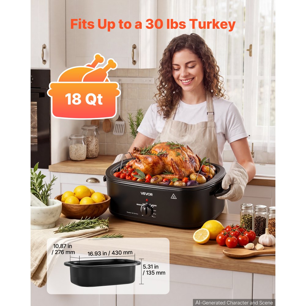 VEVOR Electric Roaster Oven, 18 Qt, Turkey Roasting Pan, Black, 1450W Power, Metal Self-Basting Lid, 150-450°F Heat Control, Countertop Turkey Cooker with Defrost/Warm, Removable Pan and Rack