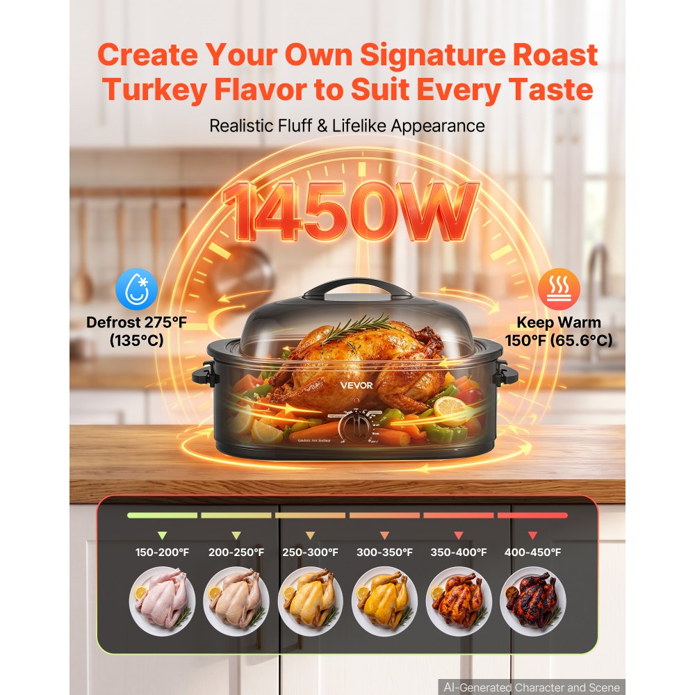 VEVOR Electric Roaster Oven, 18 Qt, Turkey Roasting Pan, Black, 1450W Power, Metal Self-Basting Lid, 150-450°F Heat Control, Countertop Turkey Cooker with Defrost/Warm, Removable Pan and Rack