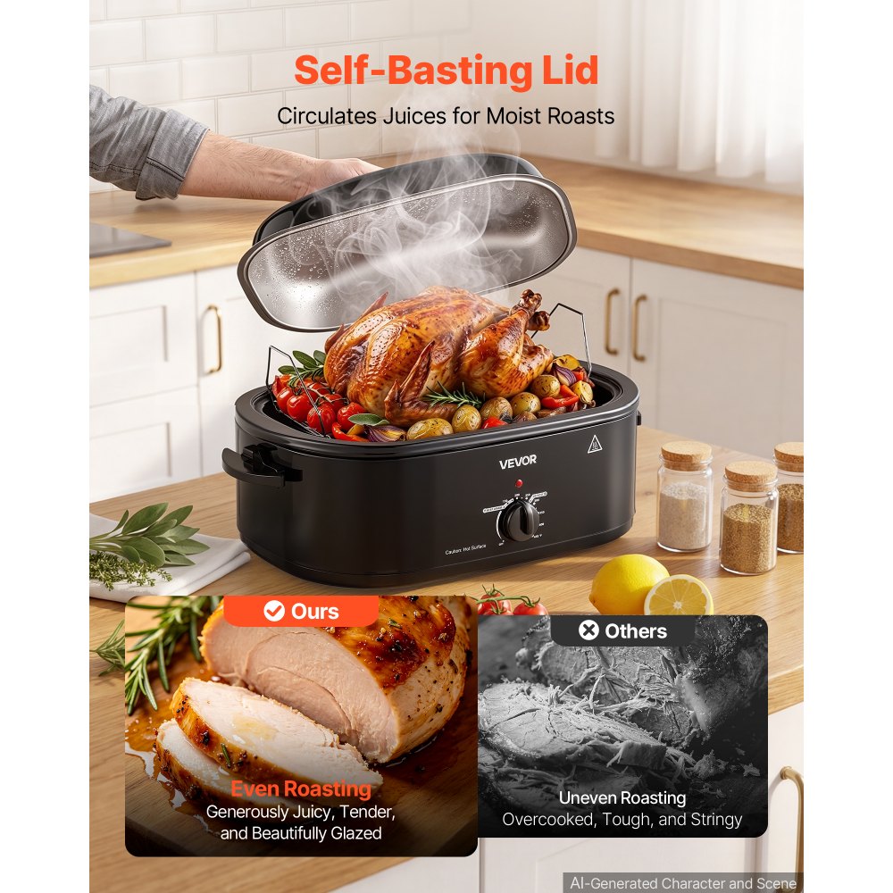 VEVOR Electric Roaster Oven, 18 Qt, Turkey Roasting Pan, Black, 1450W Power, Metal Self-Basting Lid, 150-450°F Heat Control, Countertop Turkey Cooker with Defrost/Warm, Removable Pan and Rack
