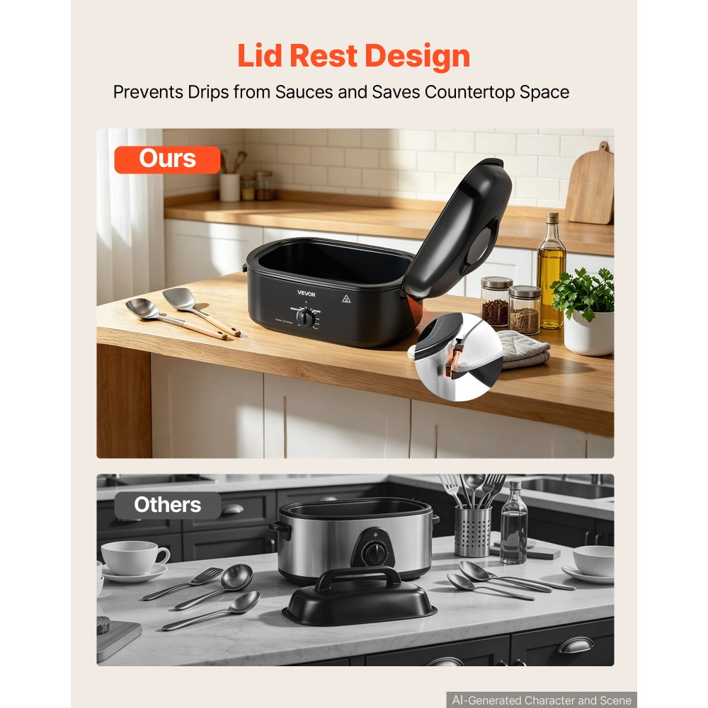 VEVOR Electric Roaster Oven, 18 Qt, Turkey Roasting Pan, Black, 1450W Power, Metal Self-Basting Lid, 150-450°F Heat Control, Countertop Turkey Cooker with Defrost/Warm, Removable Pan and Rack