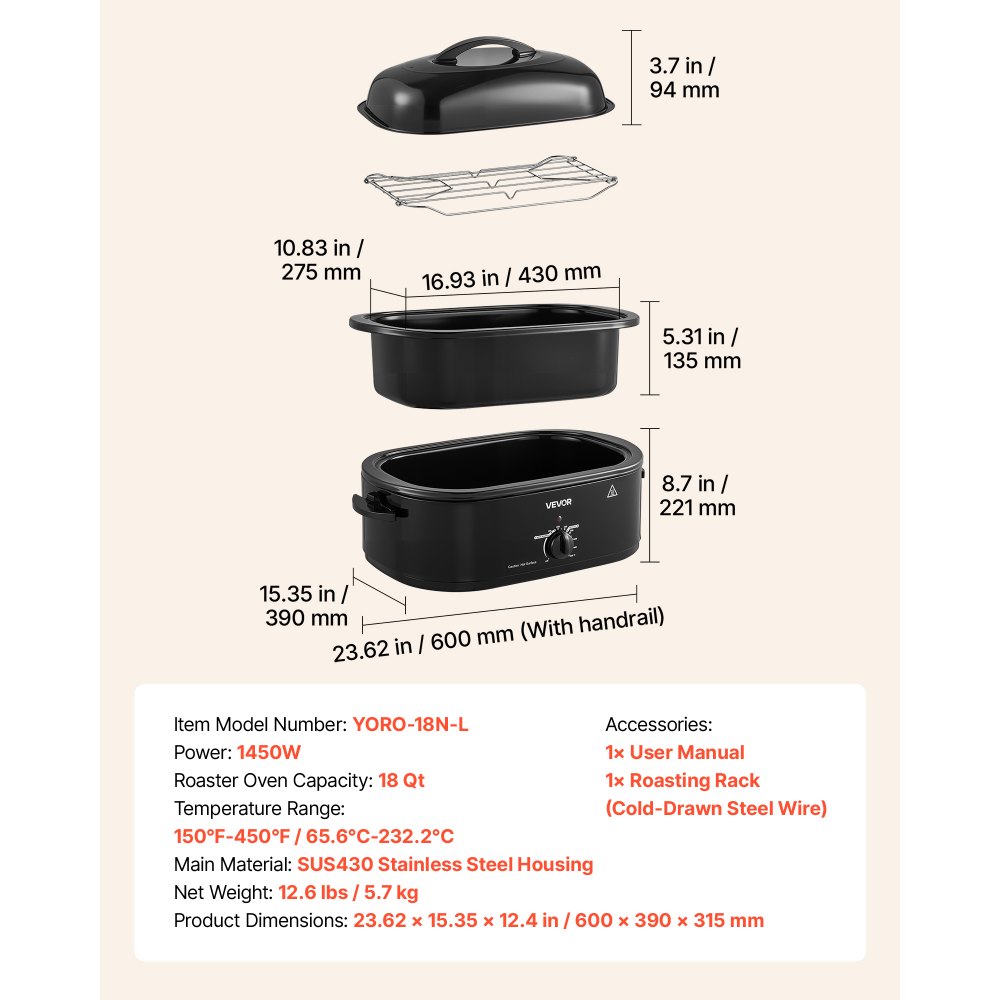 VEVOR Electric Roaster Oven, 18 Qt, Turkey Roasting Pan, Black, 1450W Power, Metal Self-Basting Lid, 150-450°F Heat Control, Countertop Turkey Cooker with Defrost/Warm, Removable Pan and Rack
