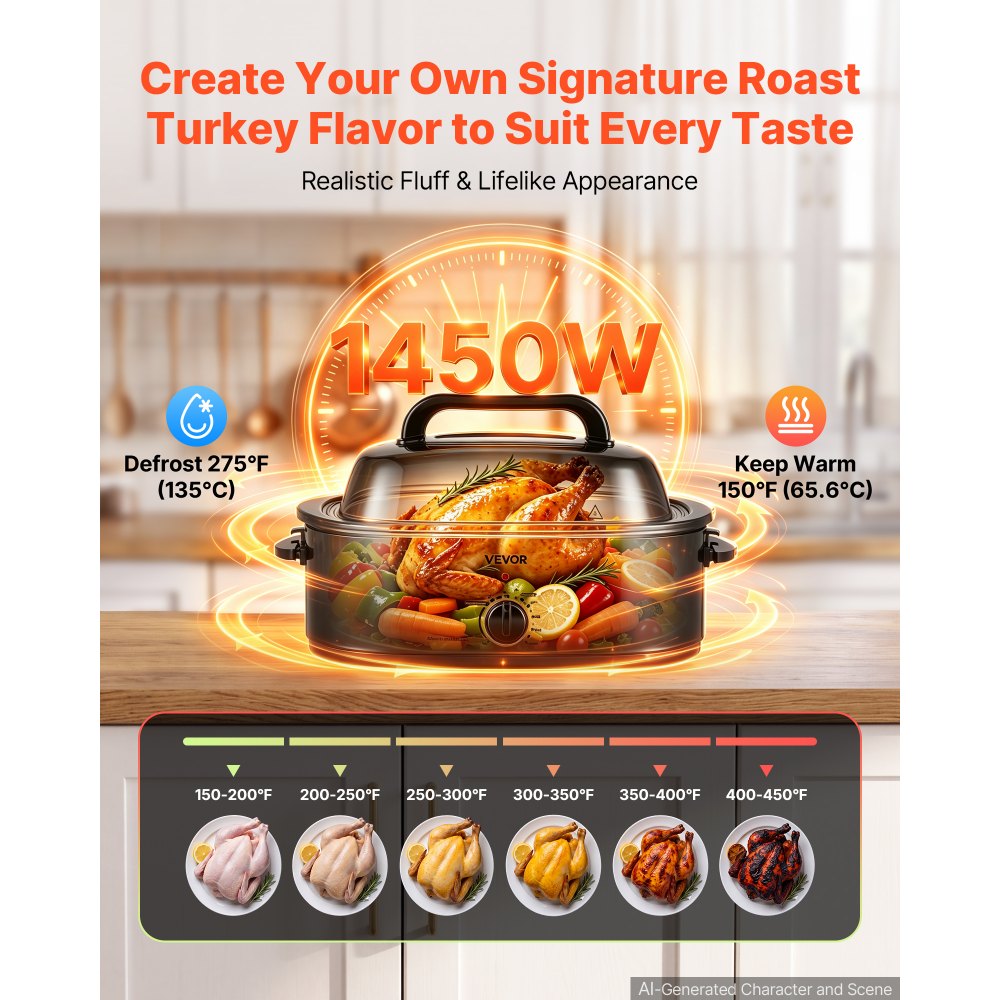 VEVOR Electric Roaster Oven, 20 Qt, Turkey Roasting Pan, Black, 1450W Power, Viewing Self-Basting Lid, 150-450°F Heat Control, Countertop Turkey Cooker with Defrost/Warm, Removable Pan and Rack