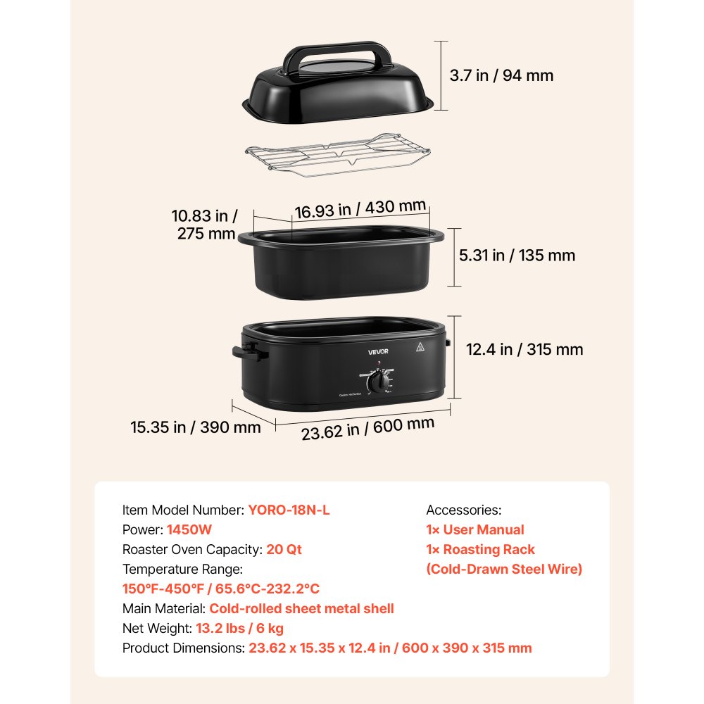 VEVOR Electric Roaster Oven, 20 Qt, Turkey Roasting Pan, Black, 1450W Power, Viewing Self-Basting Lid, 150-450°F Heat Control, Countertop Turkey Cooker with Defrost/Warm, Removable Pan and Rack