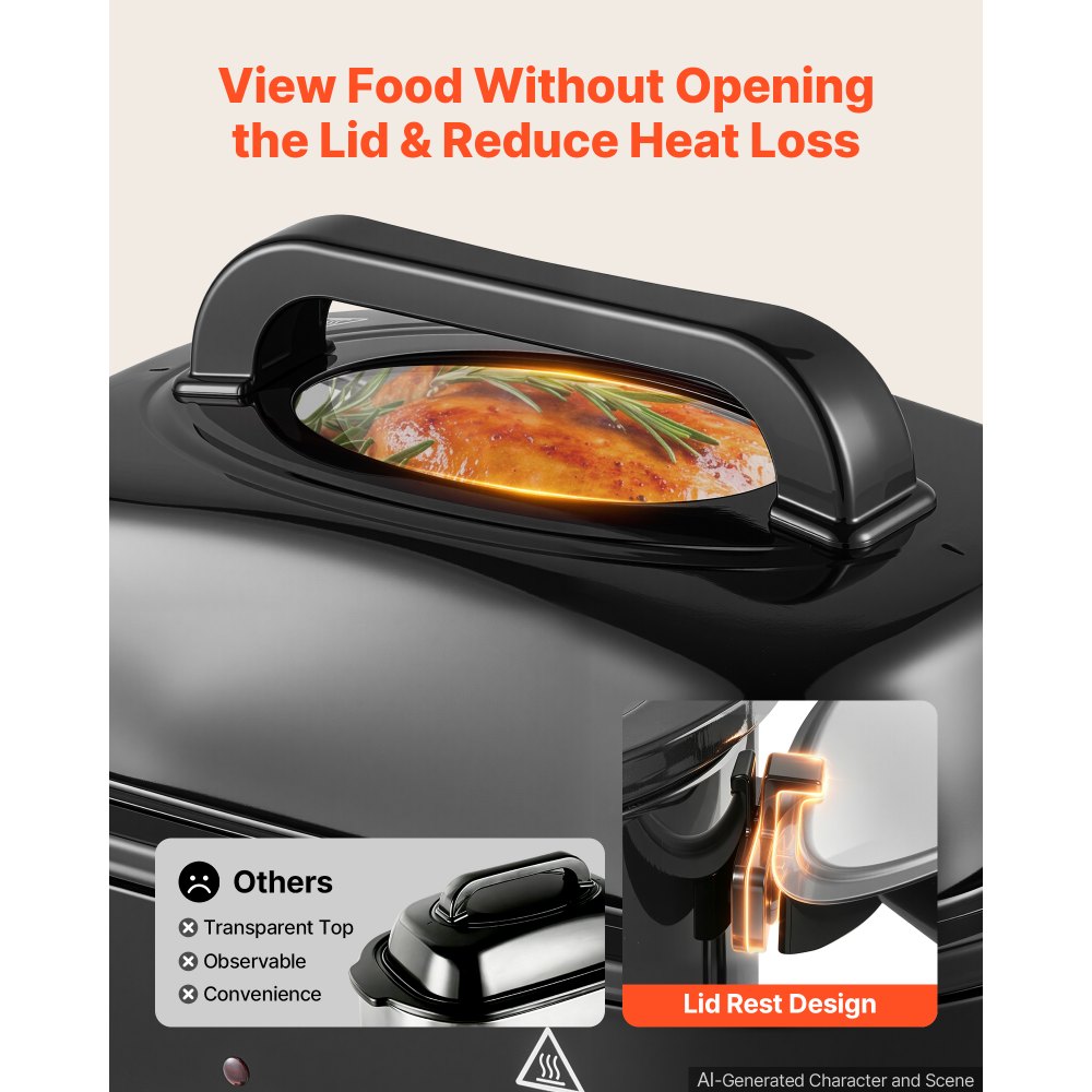 VEVOR Electric Roaster Oven, 24 Qt, Turkey Roasting Pan, Black, 1450W Power, Viewing Self-Basting Lid, 150-450°F Heat Control, Countertop Turkey Cooker with Defrost/Warm, Removable Pan and Rack