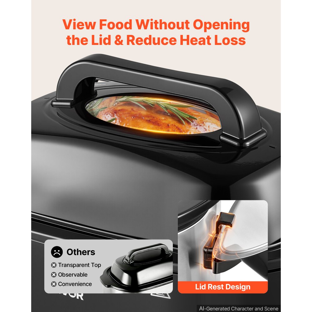 VEVOR Electric Roaster Oven, 24 Qt, Turkey Roasting Pan, Red, 1450W Power, Viewing Self-Basting Lid, 150-450°F Heat Control, Countertop Turkey Cooker with Defrost/Warm, Removable Pan and Rack