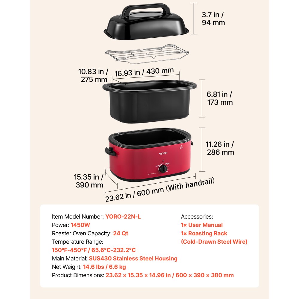 VEVOR Electric Roaster Oven, 24 Qt, Turkey Roasting Pan, Red, 1450W Power, Viewing Self-Basting Lid, 150-450°F Heat Control, Countertop Turkey Cooker with Defrost/Warm, Removable Pan and Rack