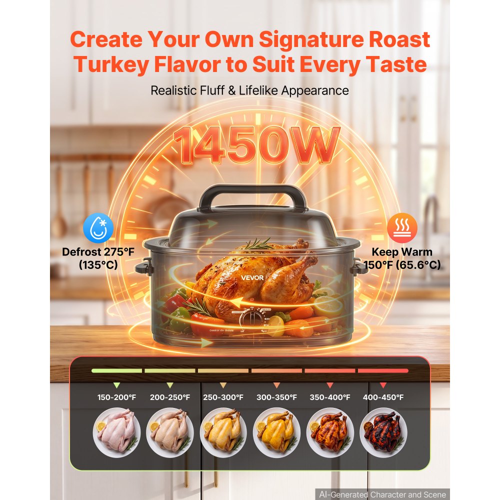 VEVOR Electric Roaster Oven, 26 Qt, Turkey Roasting Pan, Black, 1450W Power, Viewing Self-Basting Lid, 150-450°F Heat Control, Countertop Turkey Cooker with Defrost/Warm, Removable Pan and Rack