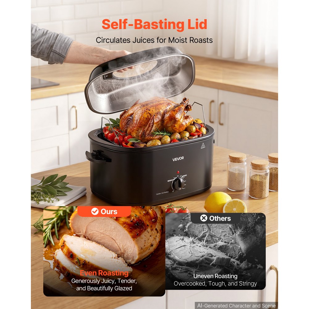 VEVOR Electric Roaster Oven, 26 Qt, Turkey Roasting Pan, Black, 1450W Power, Viewing Self-Basting Lid, 150-450°F Heat Control, Countertop Turkey Cooker with Defrost/Warm, Removable Pan and Rack