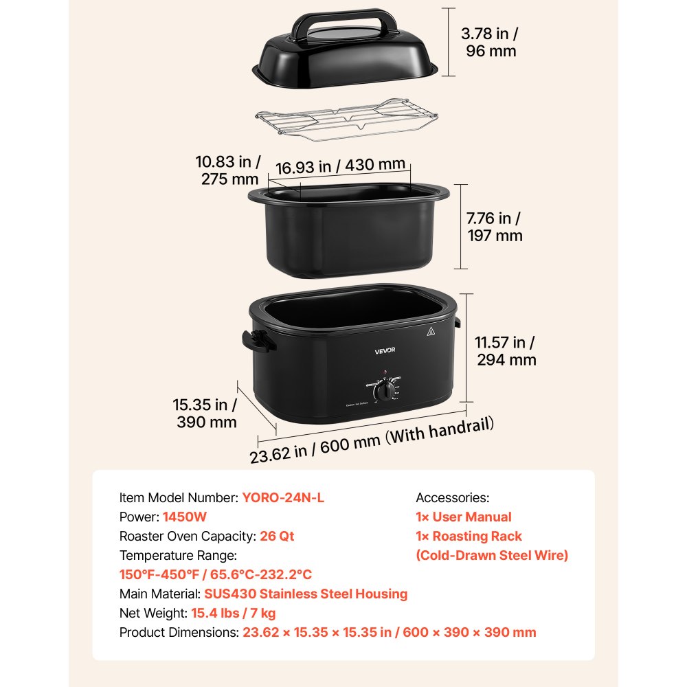 VEVOR Electric Roaster Oven, 26 Qt, Turkey Roasting Pan, Black, 1450W Power, Viewing Self-Basting Lid, 150-450°F Heat Control, Countertop Turkey Cooker with Defrost/Warm, Removable Pan and Rack