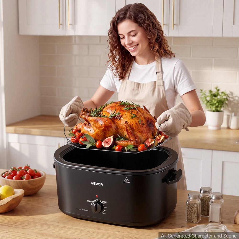 VEVOR Electric Roaster Oven, 26 Qt, Turkey Roasting Pan, Black, 1450W Power, Viewing Self-Basting Lid, 150-450°F Heat Control, Countertop Turkey Cooker with Defrost/Warm, Removable Pan and Rack