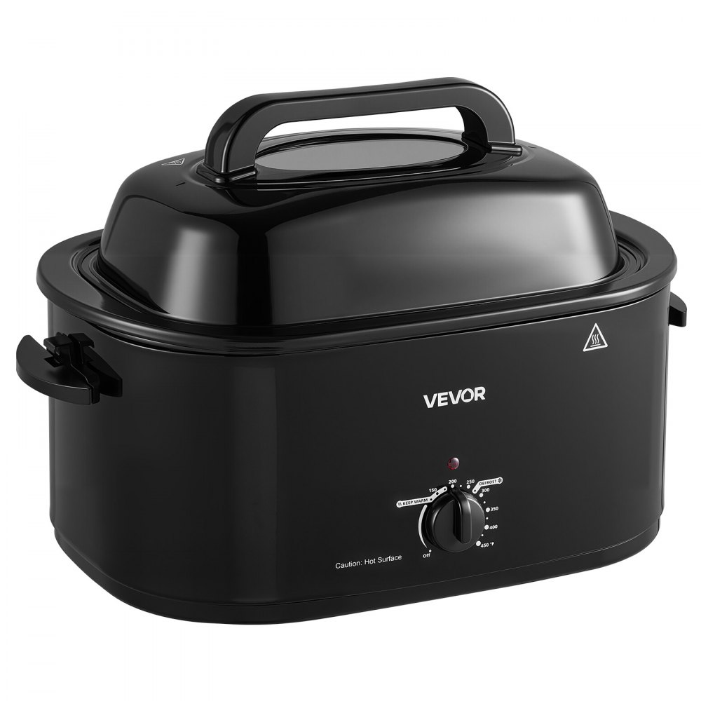 VEVOR Electric Roaster Oven, 26 Qt, Turkey Roasting Pan, Black, 1450W Power, Viewing Self-Basting Lid, 150-450°F Heat Control, Countertop Turkey Cooker with Defrost/Warm, Removable Pan and Rack