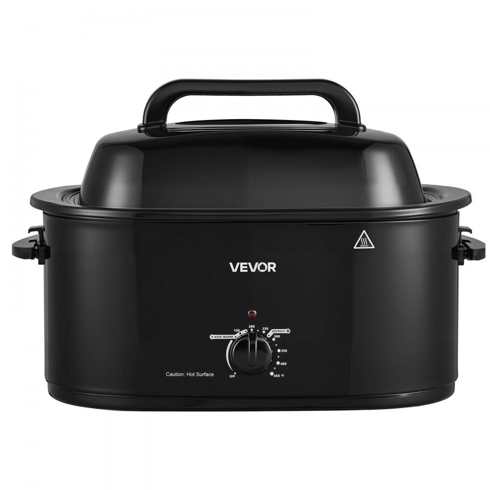 VEVOR Electric Roaster Oven, 26 Qt, Turkey Roasting Pan, Black, 1450W Power, Viewing Self-Basting Lid, 150-450°F Heat Control, Countertop Turkey Cooker with Defrost/Warm, Removable Pan and Rack