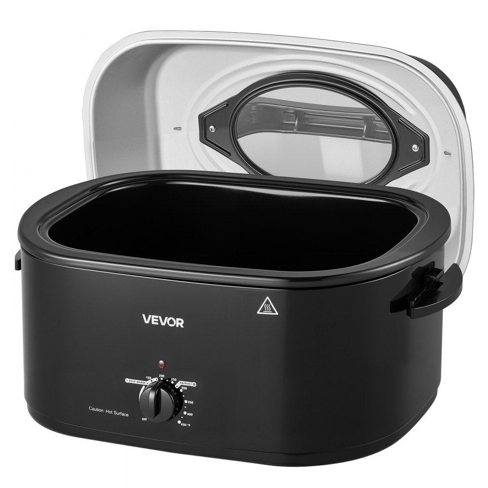 VEVOR Electric Roaster Oven, 26 Qt, Turkey Roasting Pan, Black, 1450W Power, Viewing Self-Basting Lid, 150-450°F Heat Control, Countertop Turkey Cooker with Defrost/Warm, Removable Pan and Rack
