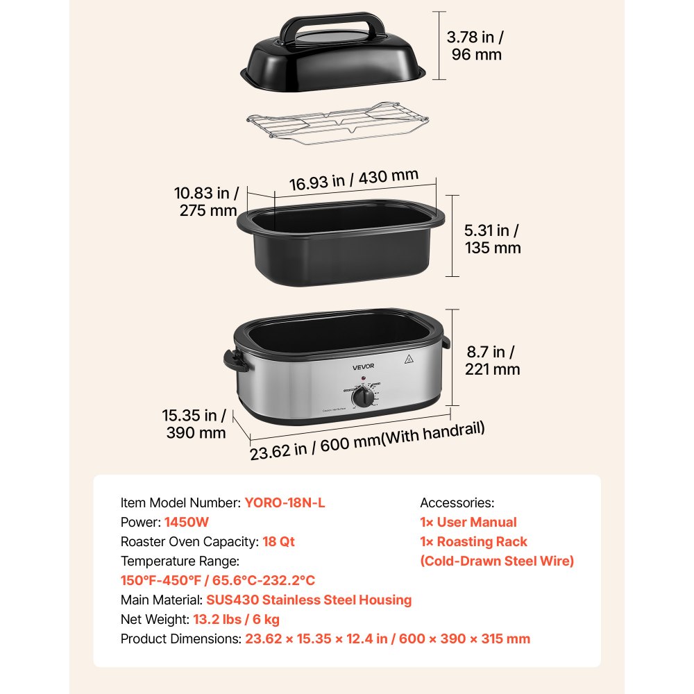 VEVOR Electric Roaster Oven, 18 Qt 1450W, Turkey Roasting Pan, Viewing Self-Basting Lid, 150-450°F Adjustable Heat, Countertop Turkey Cooker with Defrost and Warm Functions, Removable Pan and Rack