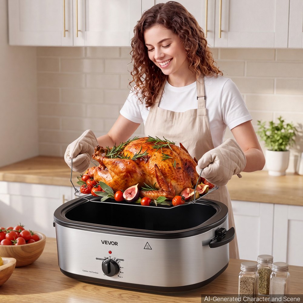 VEVOR Electric Roaster Oven, 18 Qt 1450W, Turkey Roasting Pan, Viewing Self-Basting Lid, 150-450°F Adjustable Heat, Countertop Turkey Cooker with Defrost and Warm Functions, Removable Pan and Rack
