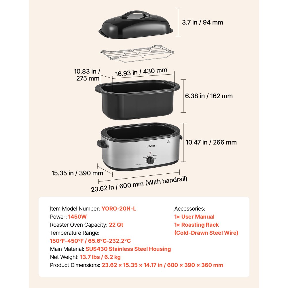 VEVOR Electric Roaster Oven, 22 Qt 1450W, Turkey Roasting Pan, Metal Self-Basting Lid, 150-450°F Adjustable Heat, Countertop Turkey Cooker with Defrost and Warm Functions, Removable Pan and Rack