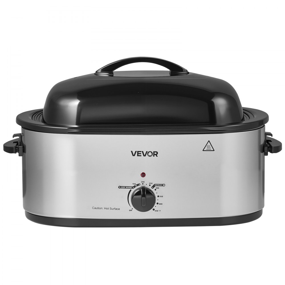 VEVOR Electric Roaster Oven, 22 Qt 1450W, Turkey Roasting Pan, Metal Self-Basting Lid, 150-450°F Adjustable Heat, Countertop Turkey Cooker with Defrost and Warm Functions, Removable Pan and Rack
