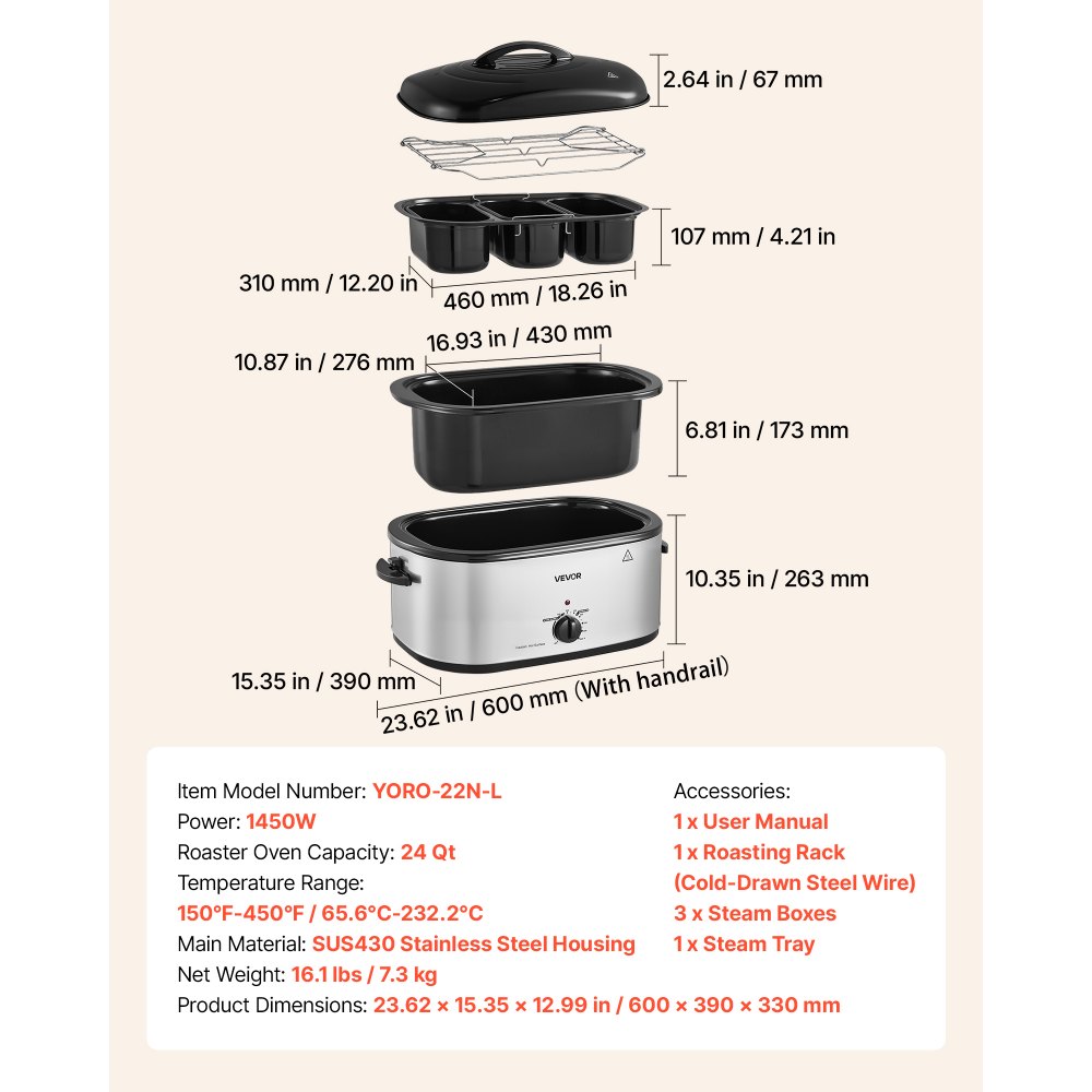 VEVOR Electric Roaster Oven, 24 Qt 1450W, Turkey Roasting Pan, 3 Food Trays, Buffet Server, Self-Basting Lid, 150-450°F Heat Control, Countertop Turkey Cooker with Roasting, Warming and Removable Rack