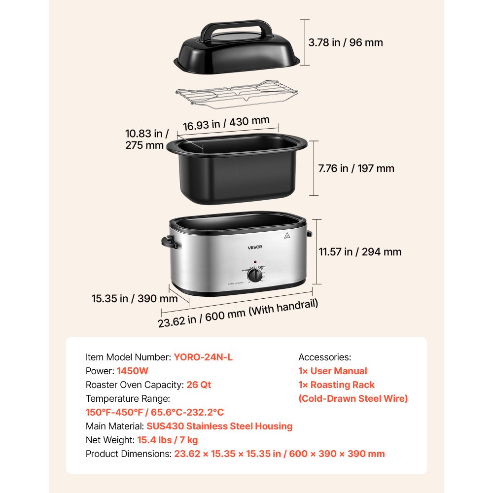 VEVOR Electric Roaster Oven, 26 Qt 1450W, Turkey Roasting Pan, Viewing Self-Basting Lid, 150-450°F Adjustable Heat, Countertop Turkey Cooker with Defrost and Warm Functions, Removable Pan and Rack