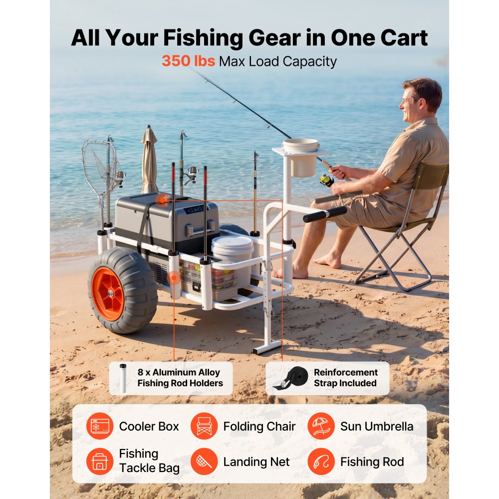 VEVOR Beach Fishing Cart, 159 kg Load Capacity, Fishing Cart Wagon with Heavy-Duty Aluminum Alloy Frame, 420 mm All-Terrain PU Balloon Tires, 8 Rod Holders, for Outdoor Activities Camping Picnic
