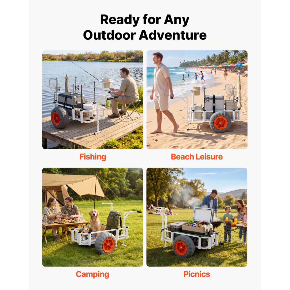 VEVOR Beach Fishing Cart, 159 kg Load Capacity, Fishing Cart Wagon with Heavy-Duty Aluminum Alloy Frame, 420 mm All-Terrain PU Balloon Tires, 8 Rod Holders, for Outdoor Activities Camping Picnic
