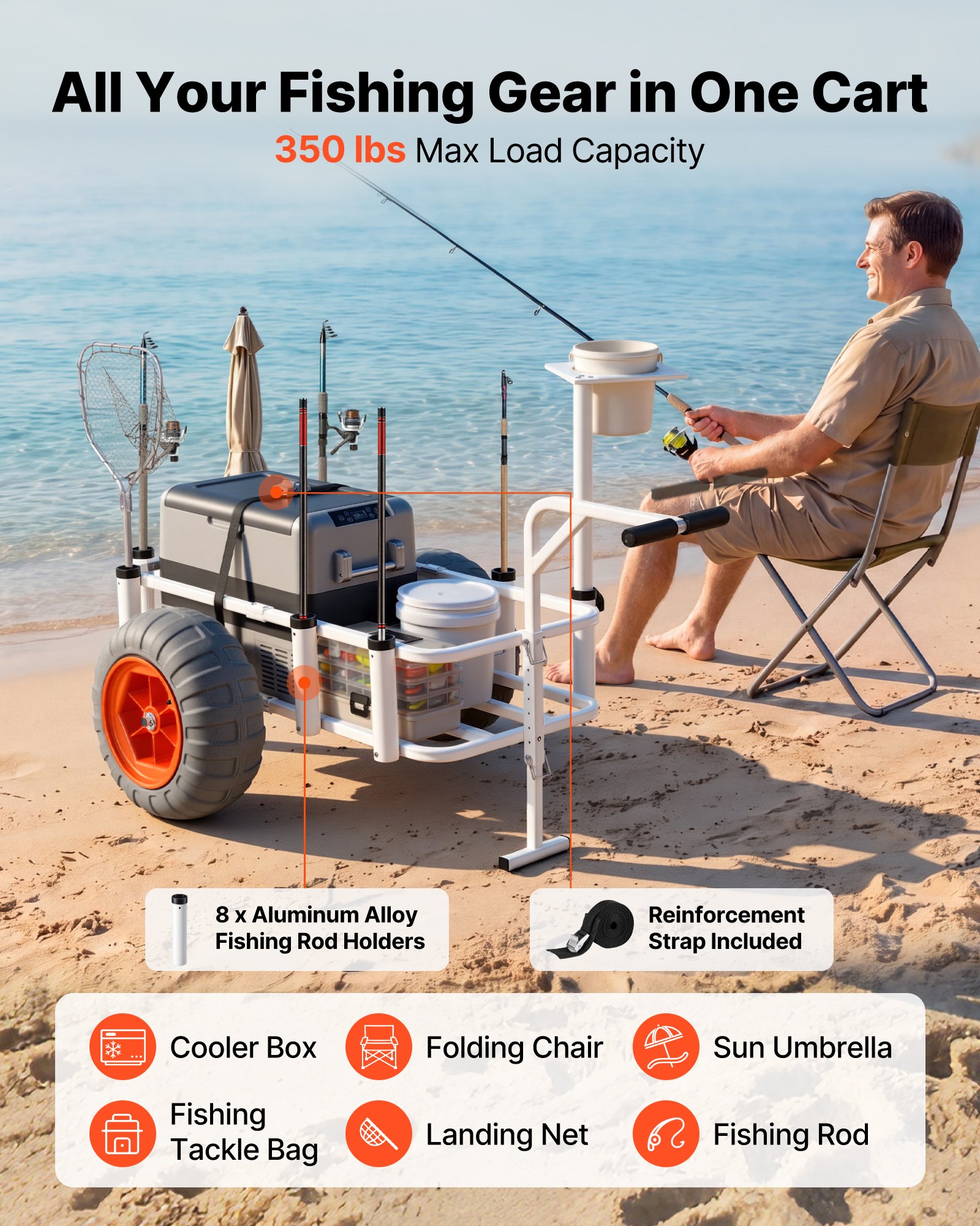 VEVOR Beach Fishing Cart, 159 kg Load Capacity, Fishing Cart Wagon with Heavy-Duty Aluminum Alloy Frame, 420 mm All-Terrain PU Balloon Tires, 8 Rod Holders, for Outdoor Activities Camping Picnic