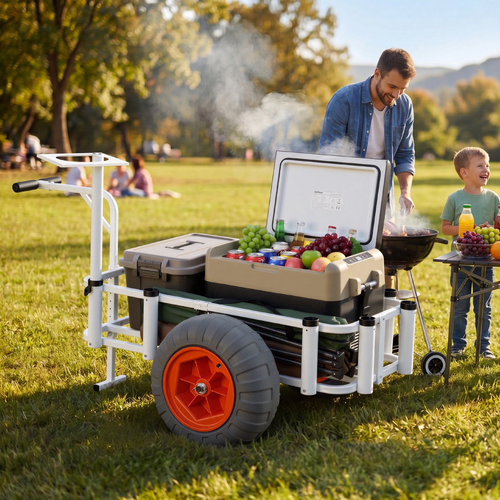 VEVOR Beach Fishing Cart, 159 kg Load Capacity, Fishing Cart Wagon with Heavy-Duty Aluminum Alloy Frame, 420 mm All-Terrain PU Balloon Tires, 8 Rod Holders, for Outdoor Activities Camping Picnic