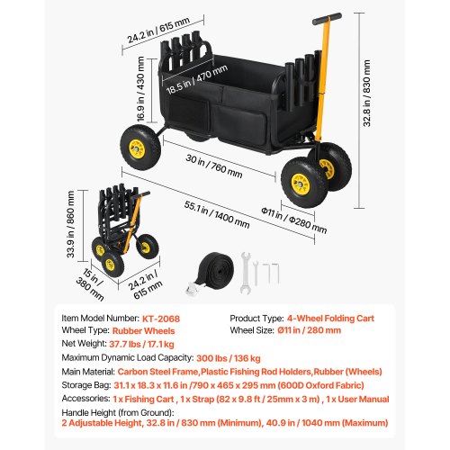 berkley fishing cart dimensions VEVOR Beach Cart, 200 lbs Load Capacity, Fish and Marine with Two 11" Big Wheels Rubber Balloon Tires for Sand, Heavy-Duty Steel Pier Wagon Trolley with 7 Rod off a pier Berkeley Fishing Cart for Sale