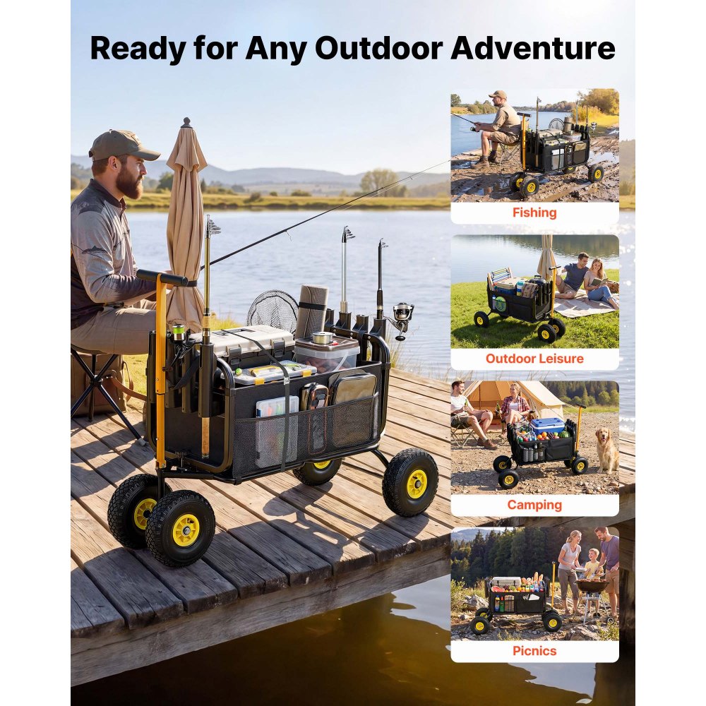 VEVOR Beach Fishing Cart, 300 lbs Load Capacity, Foldable Fishing Cart with Heavy-Duty Carbon Steel Frame, 11-Inch All-Terrain Tires, 8 Rod Holders, Strap, Easy to Clean, for Outdoor Camping Picnic