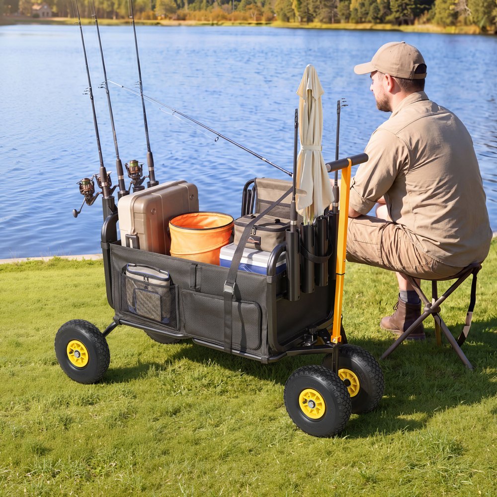 VEVOR Beach Fishing Cart, 300 lbs Load Capacity, Foldable Fishing Cart with Heavy-Duty Carbon Steel Frame, 11-Inch All-Terrain Tires, 8 Rod Holders, Strap, Easy to Clean, for Outdoor Camping Picnic
