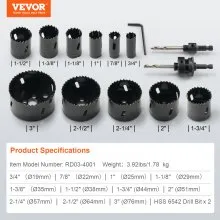 VEVOR Hole Saw Kit, 11 PCS Saw Blades, 2 Drill Bits, 1 Hex Wrench, General Purpose Size from 3/4" to 3", Bi Metal M42 Hole Saw Set with Carrying Case, Ideal for Wood Board, Plastic and Iron Plate